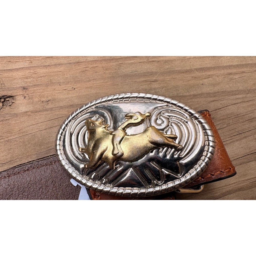 Nocona Belt Co Brown Tooled Leather Western Bull Rider Trophy Buckle Belt 28 - Picture 4 of 7